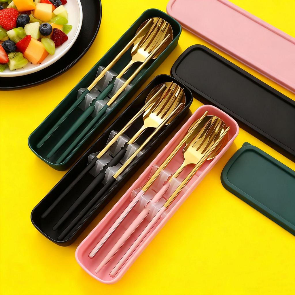 410 Stainless Steel Travel Cutlery Set: Fork, Spoon & Chopsticks In Gift Box. Perfect for Students!