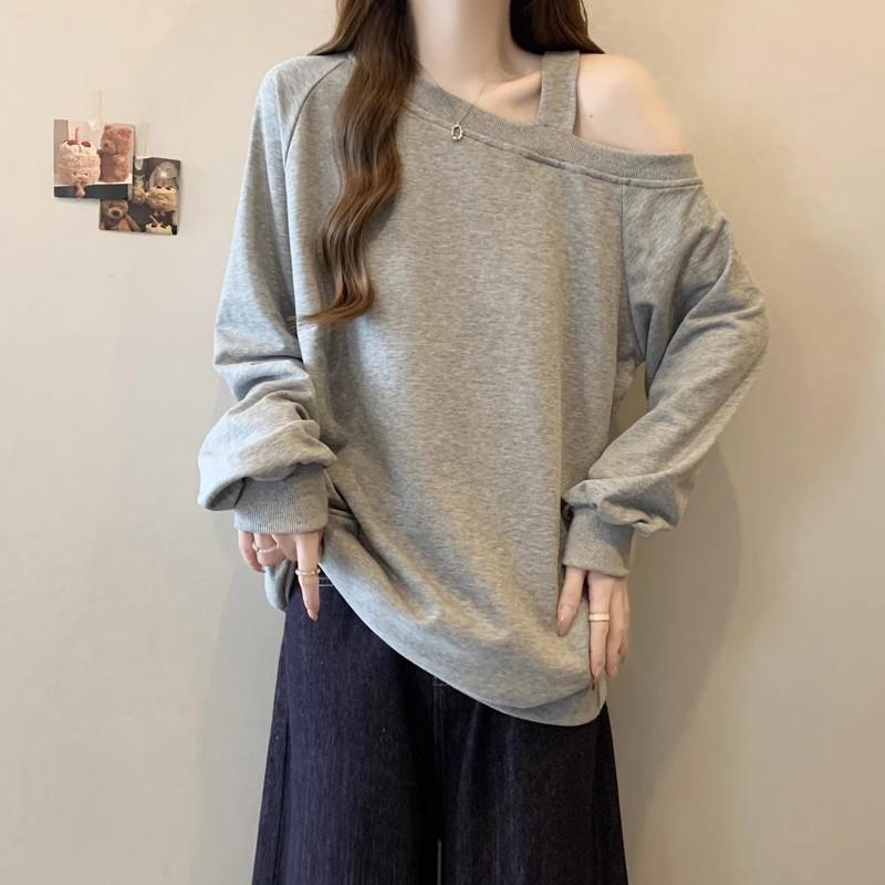 Oblique neck off-the-shoulder sweater women's autumn and winter fleece thickened new loose long-sleeved tops and clothes