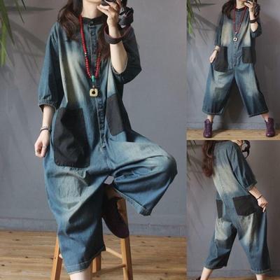 Frauen Overalls Overalls Denim Jeans Knöchellangen Hosen Frühling Vintage Weibliche Lose Beiläufige Gespleißte Taschen