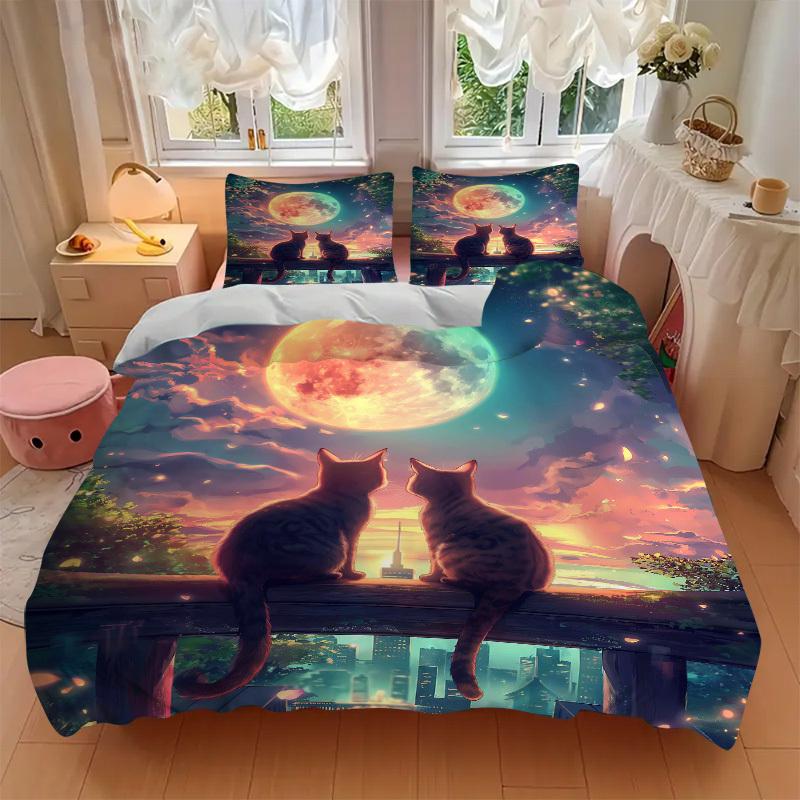 3pcs Anime Cat Moonlight Bedding Set - Includes One Quilt Cover and Two Pillowcases (No Core) - Home Decor Gift for Bedroom and Guest Room D