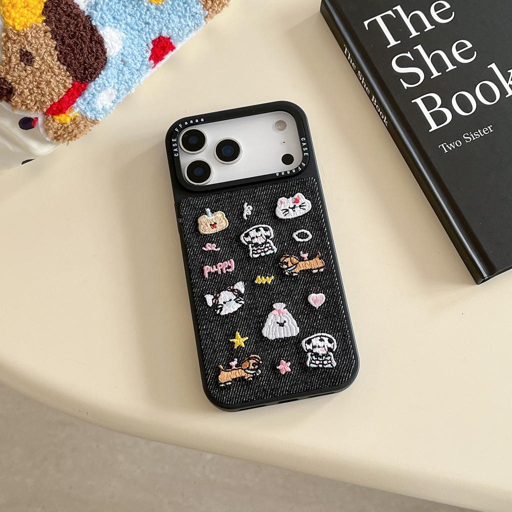 Fashion Denim Embroidery Cute Puppy Small Animal Shockproof Protective Phone Cover Case for iPhone 17 16 15 14 Pro Max