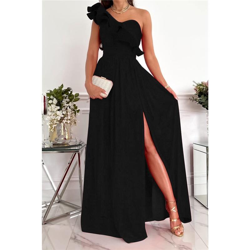 Vestido Feminino Sem Mangas Ombro a Ombro Bainha Franzida Fenda Vestido para Jantar de Verão Cor Sólida Elegante e Sexy