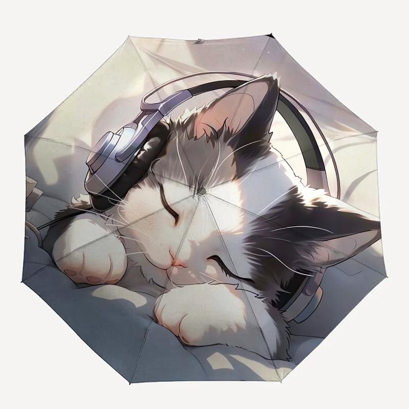 1pc Sleeping Cat with Headphones Umbrella with Plastic Handle, Suitable for All Seasons Outdoor PT397