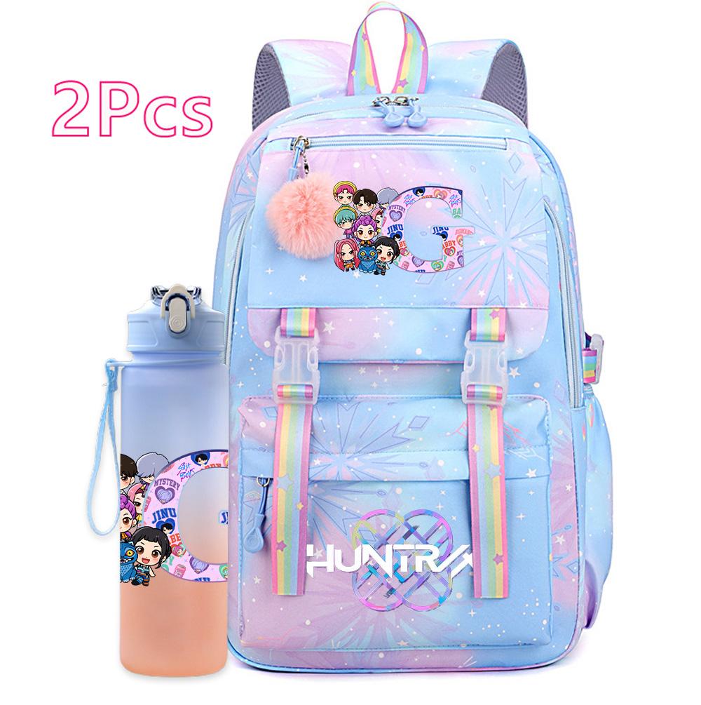 2Pcs/set K-pop Printed Backpack with 750Ml Water Bottler Large Capacity Travel Bag for Teenager Girl Boy Bookbag Kid Gift Large Capacity Bag Mochila