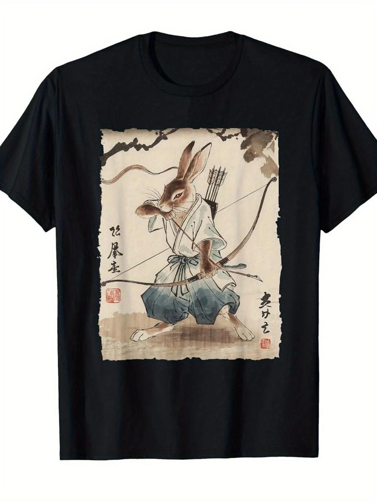 Samurai Hase Bogenschütze Grafik T-Shirt Japanischer Manga Stil Krieger Hase Tee