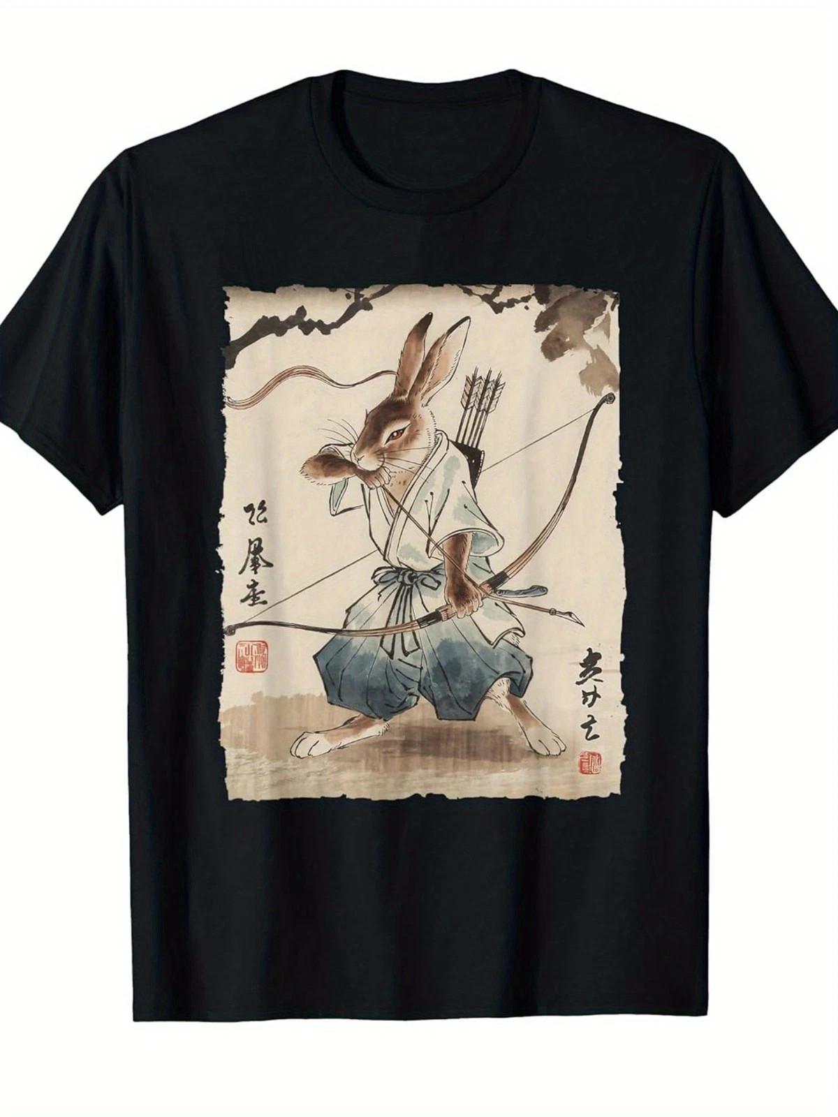 Samurai Rabbit Archer Graphic T-Shirt Japanese Manga Style Warrior Bunny Tee L