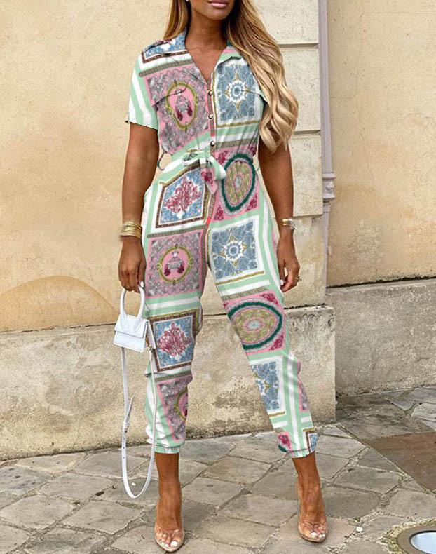 Summer Women's Casual Button-Up Print Waistband Jumpsuit