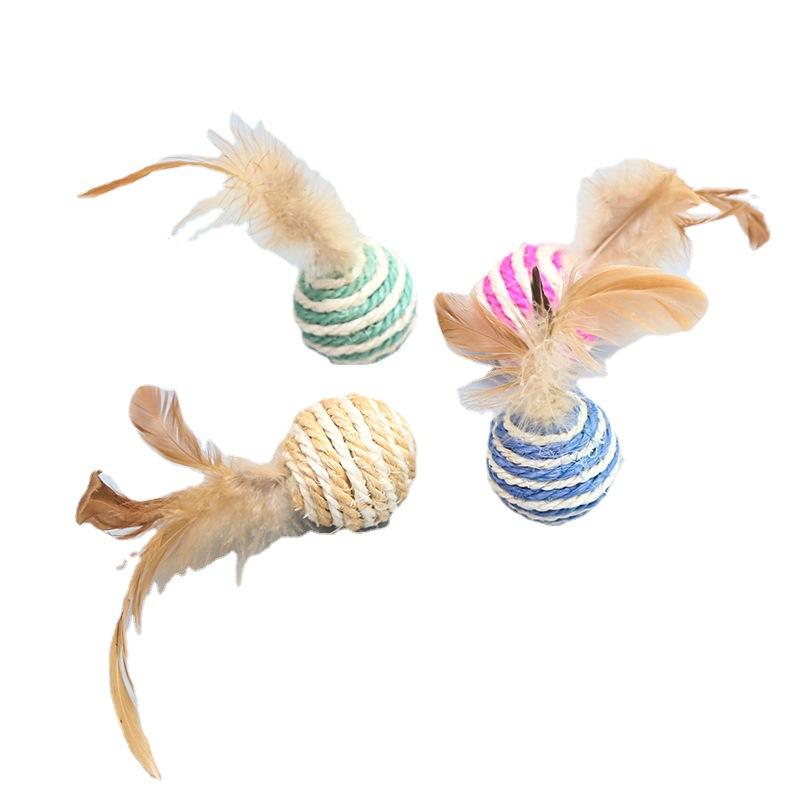 Cat sword hemp ball sisal scratch-resistant toy with feathers self-hi pet teasing cat ball cat toy pet supplies