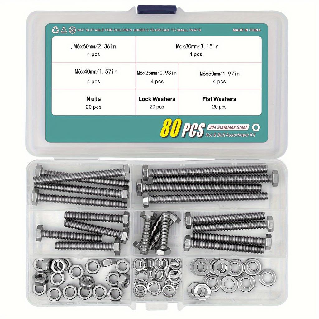 M6 M8 M10 Heavy Duty Bolts and Nuts Assortment Kit, 304 Stainless Steel, Includes 8 Most Common Sizes