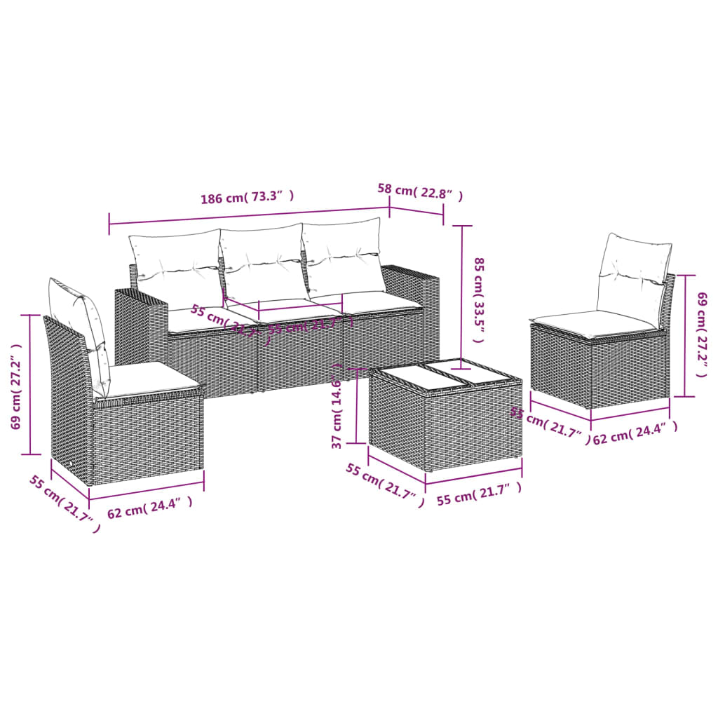 Vidaxl 6-Cz. Garden Furniture Set With Cushions, Beige, Poly Rattan