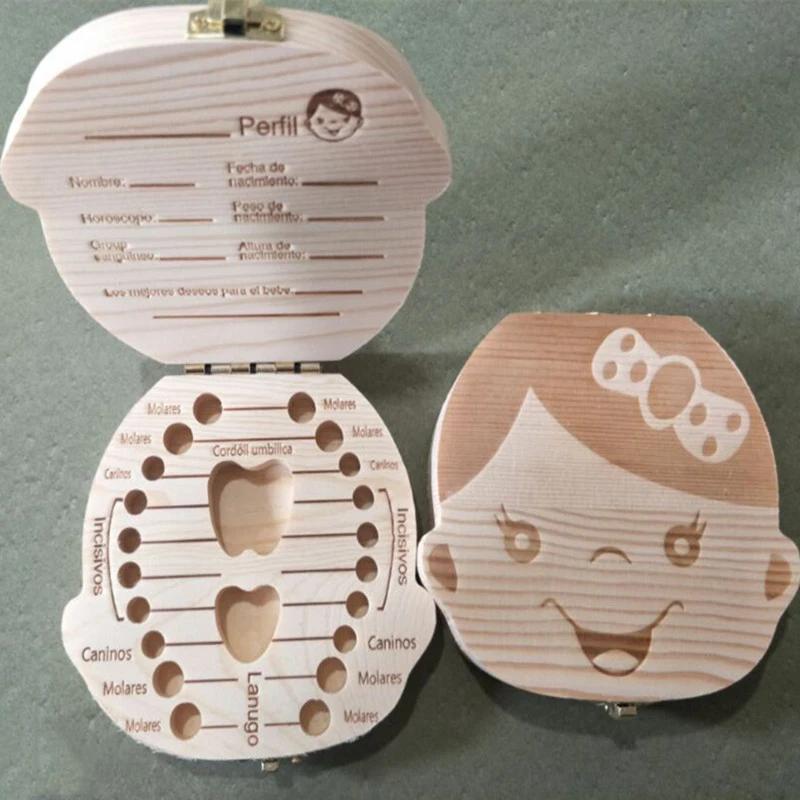 1pc-Baby Tooth Box Spanish Wooden Kids Milk Teeth Organizer Storage Boys Girls Baby Souvenirs Gifts Keepsakes