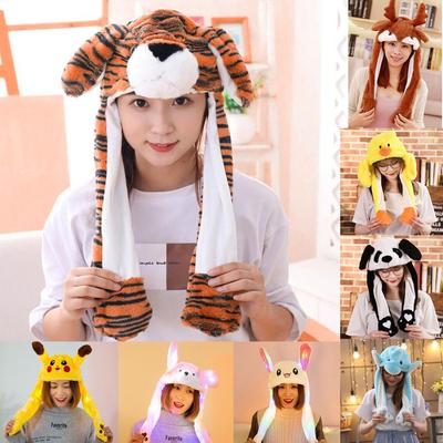 LED Light Funny Plush Moving Rabbit Ears Hat Hand Pinching Ear To Move Ears Cap Kids Women Party Deer Tiger Performance Gifts Girl Hat