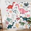 Cute Funny Dinosaur Shower Curtain for Kids Bathroom, Cartoon Dino Floral Plant Pattern White Polyester Fabric Animal Bathroom