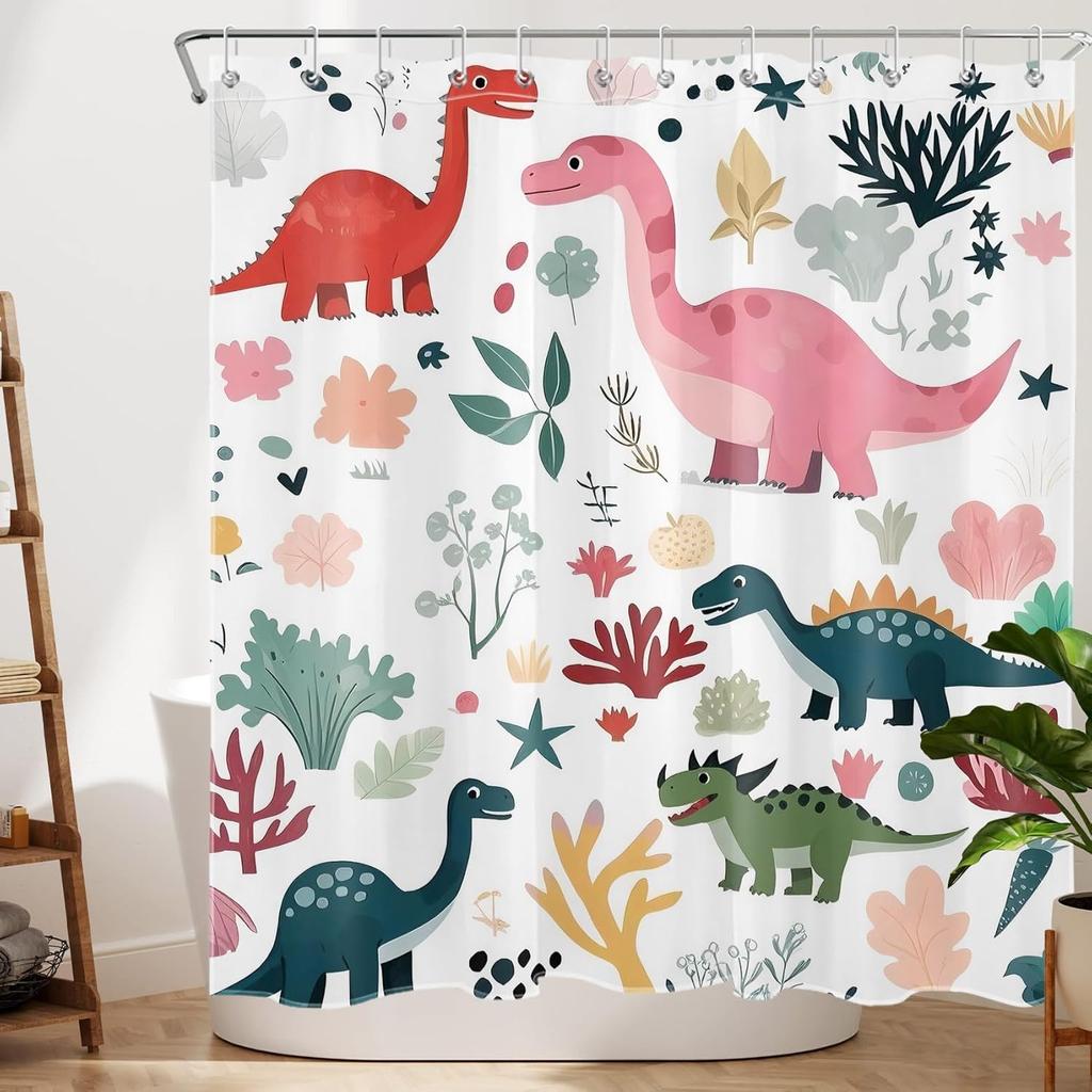 Cute Funny Dinosaur Shower Curtain for Kids Bathroom, Cartoon Dino Floral Plant Pattern White Polyester Fabric Animal Bathroom