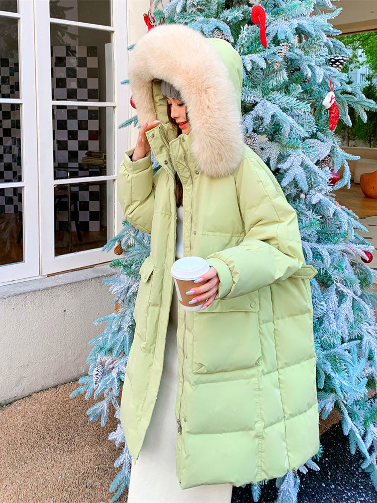 Plus Size Long Down Jacket for Women with Fur Collar and Hood, 300 Jin Capacity