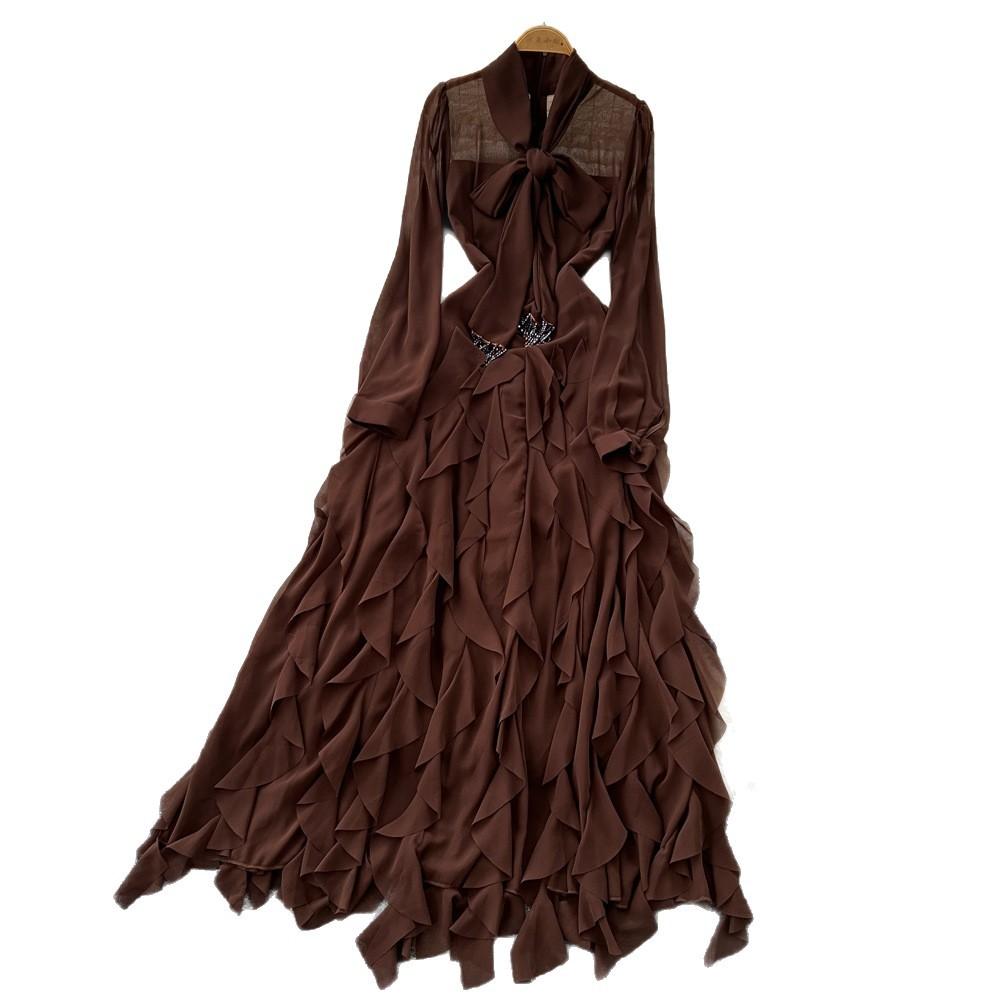 French light luxury socialite bow lace-up long-sleeved waist ruffle edge dress women's autumn thin elegant long dress