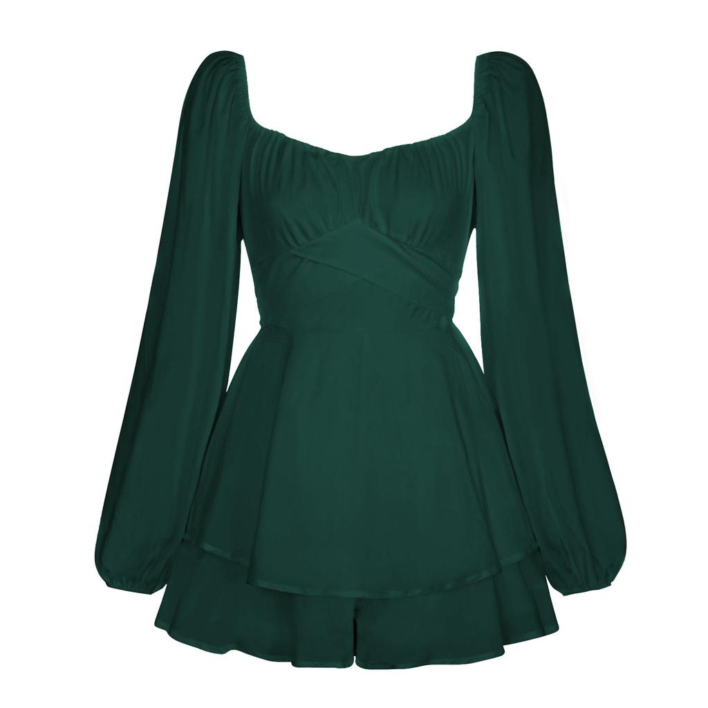 Women's Square Neck Long Sleeve Solid Romper High Waist Ruffled Layered Playsuit