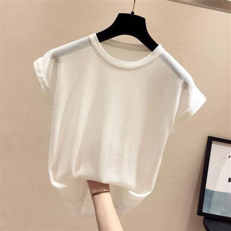 

2025 Summer New Arrival K-style Ice Silk Knitted Short Sleeve Women s Loose Thin Bottoming Shirt Pure Color Micro Transparent T-shirt Tops White S code [below 45.00kg]]