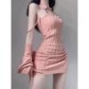 Knitted Two Piece Sets Fashion Hot Girl Outfits For Women Suit Crop Top Pink Cardigan Female Mini Wrap Knitted Dresses Woman