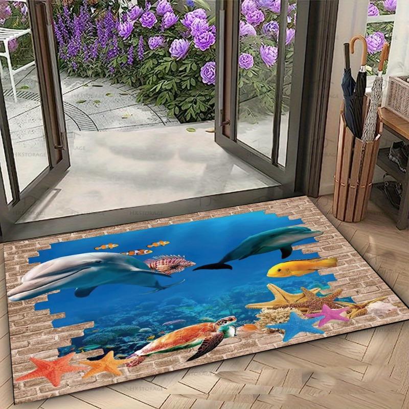 Lebendiger Meeresleben Fußmatte mit Meeresschildkröten und tropischen Fischen Rutschfester Boden Teppich für Eingang Heim Dekorative Matte