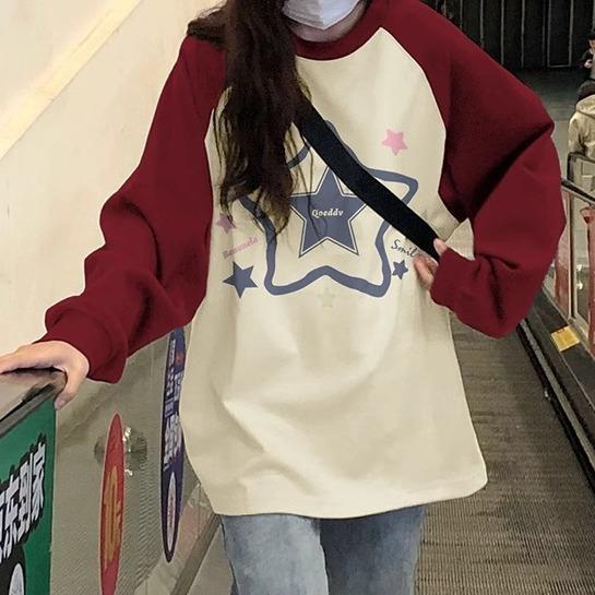 

Весенне-осенняя футболка с американским ретро-принтом, женские футболки Harajuku с длинным рукавом и круглым вырезом, повседневная футболка большого размера, Femme, топы y2k с блокировкой цвета, уличная одежда