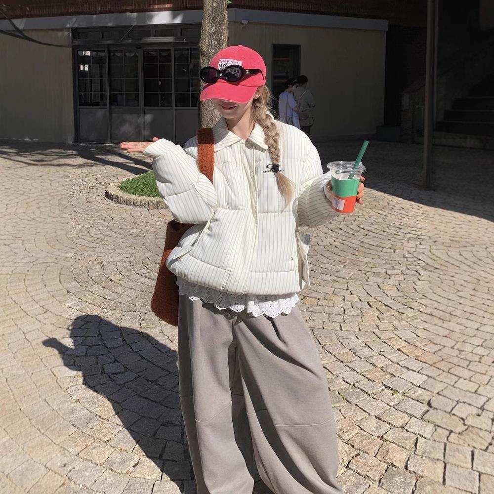 Полосатая короткая хлопковая одежда Женская Зимняя Новинка Ретро Свободная Теплая Хлопковая одежда Утолщенное Хлопковое пальто S