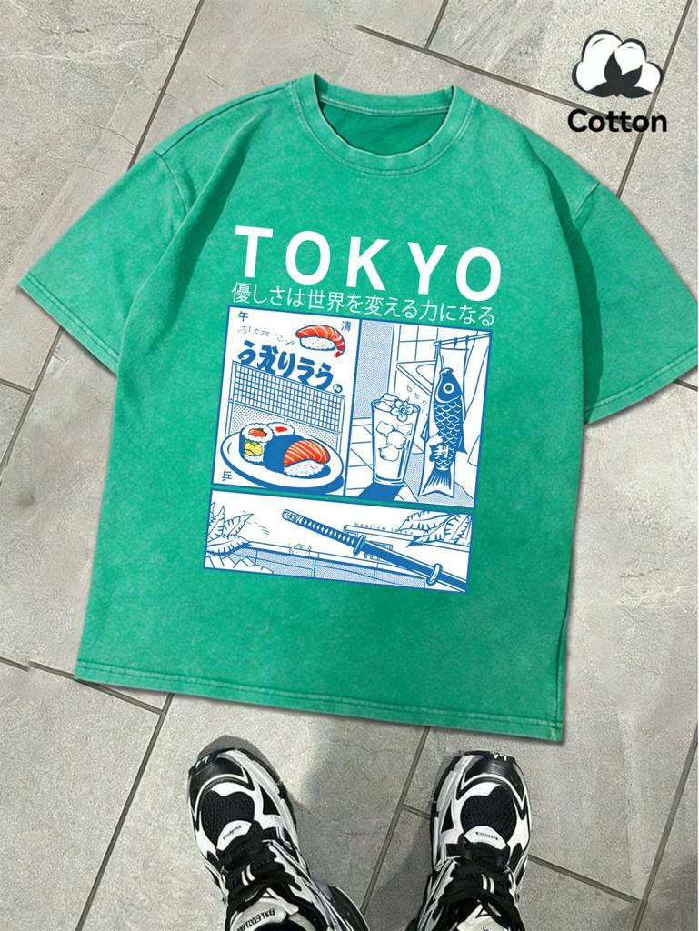 Fresh Sushi In Tokyo Printing Washed TShirt MenS Cotton Oversize T Shirts Basic ONeck Distressed Tops Summer Male Clothes