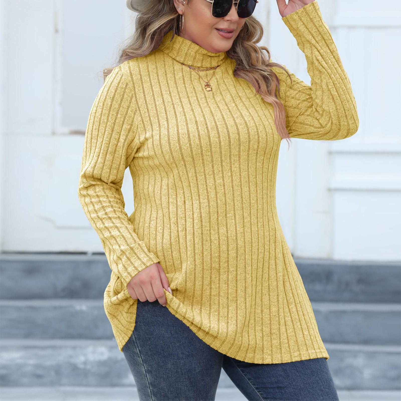 

Женская базовая футболка большого размера с высоким воротом, облегающего кроя, в полоску и с разрезами средней длины XXXL жёлтый