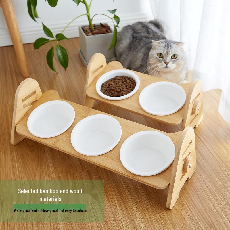 Adjustable Slanted Ceramic Pet Bowl for Cats and Dogs - Double Bowl Feeder