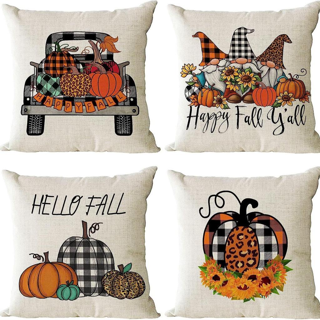 Autumn Pumpkin Maple Leaf Letter Printed Linen Pillow Case Thanksgiving Ambience Decorative Living Room Sofa Backrest Cushion
