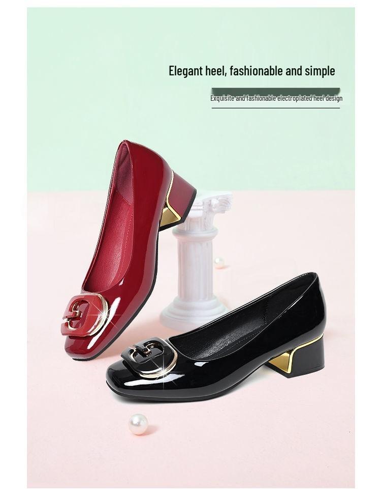 Genuine Leather Women's Chunky Heel Loafers with Shiny Patent and Soft Leather, Round Toe, Wide Fit, Suitable for All Seasons