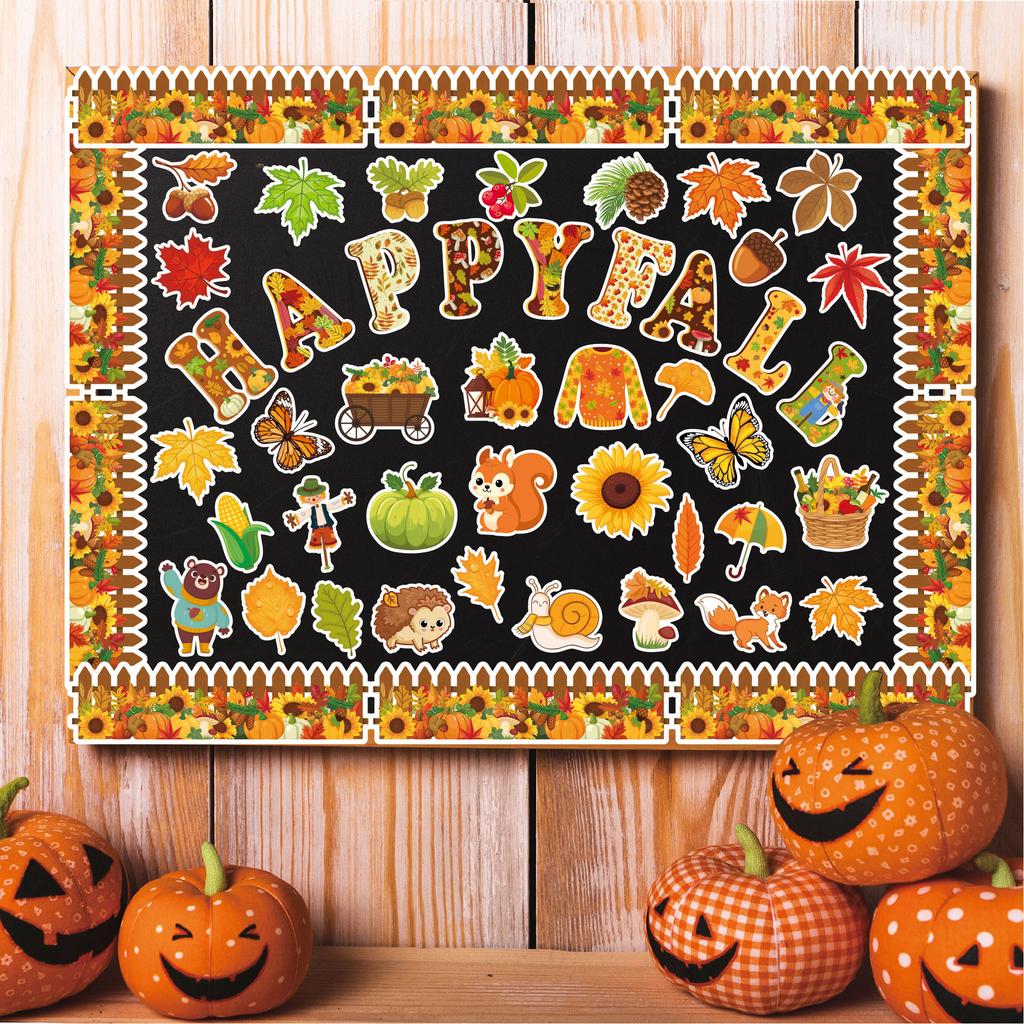 Autumn paper card leaf squirrel pumpkin Happy Fall background wall bulletin board decoration Thanksgiving wall stickers
