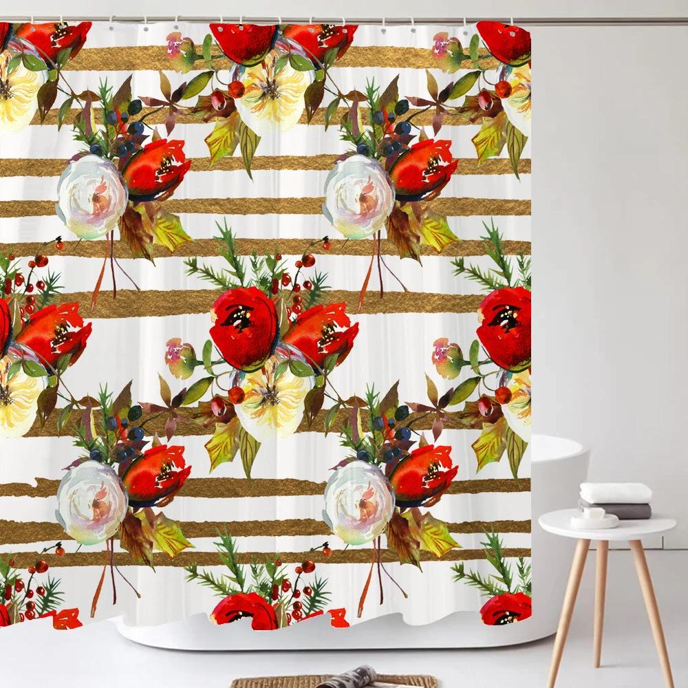 1Pcs black gold flowers waterproof shower curtain, elegant and luxurious floral shower curtains bathroom decoration, with hooks W90xH180cm
