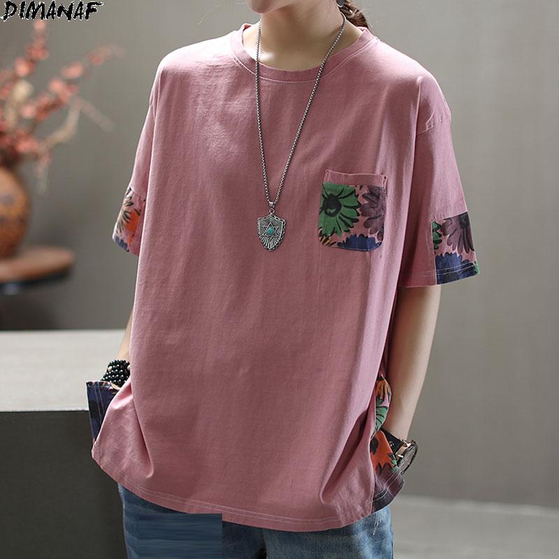 Dimanaf Summer Women T-Shirt Cotton Tshirt Fashion Floral Print Patchwork Tops Tees Home Wear Shirt Loose Casual