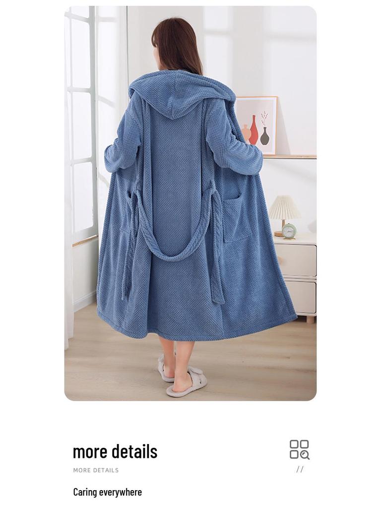 Four Seasons Merbau Hooded Coral Fleece Bathrobe: Thick, Wearable Bath Towel with Cross Tie and Long Sleeves.