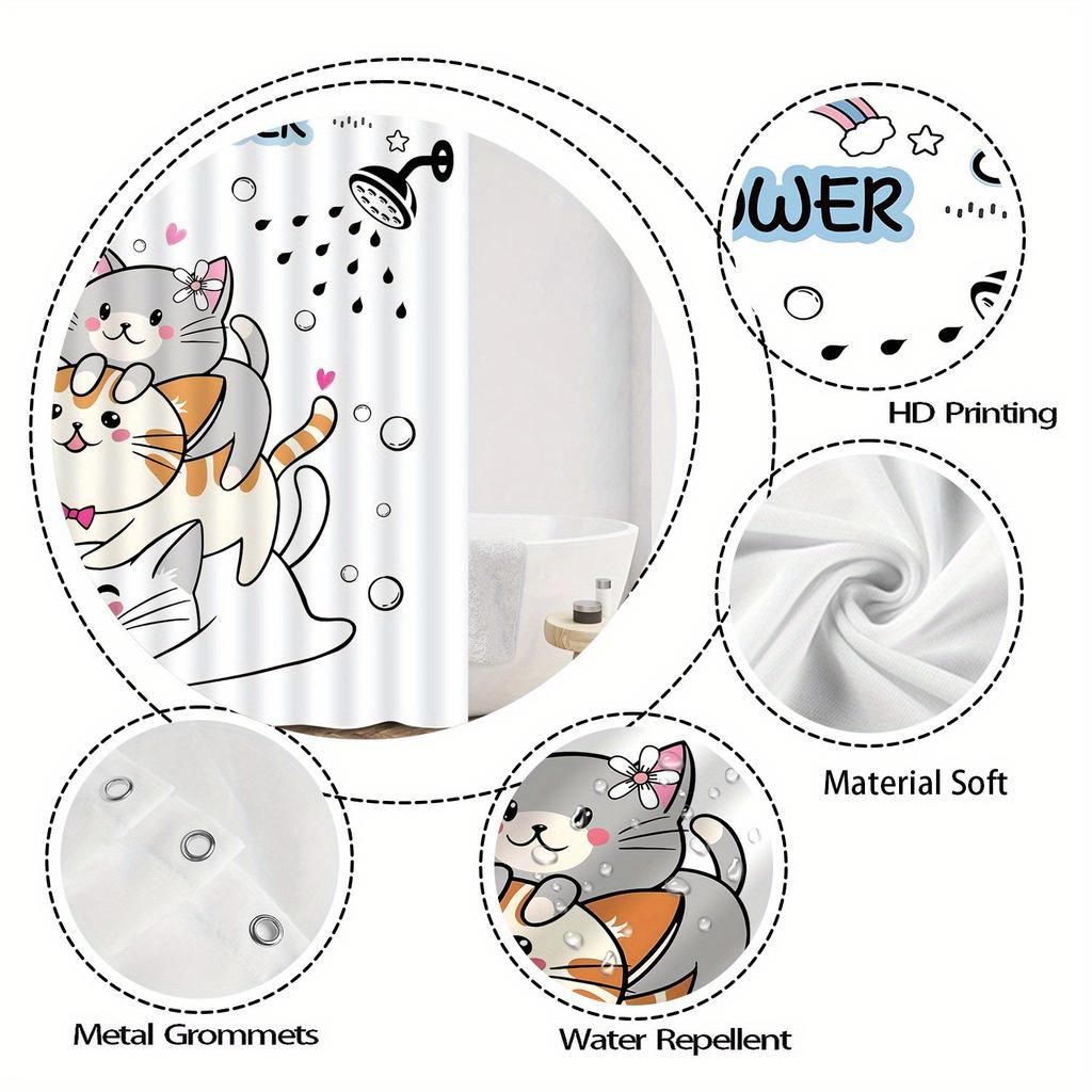 Cute Cat Shower Curtain Playful Cartoon Cats Rainbow Hearts Design Vibrant Cat Shower Theme Polyester Easy Clean With Hooks