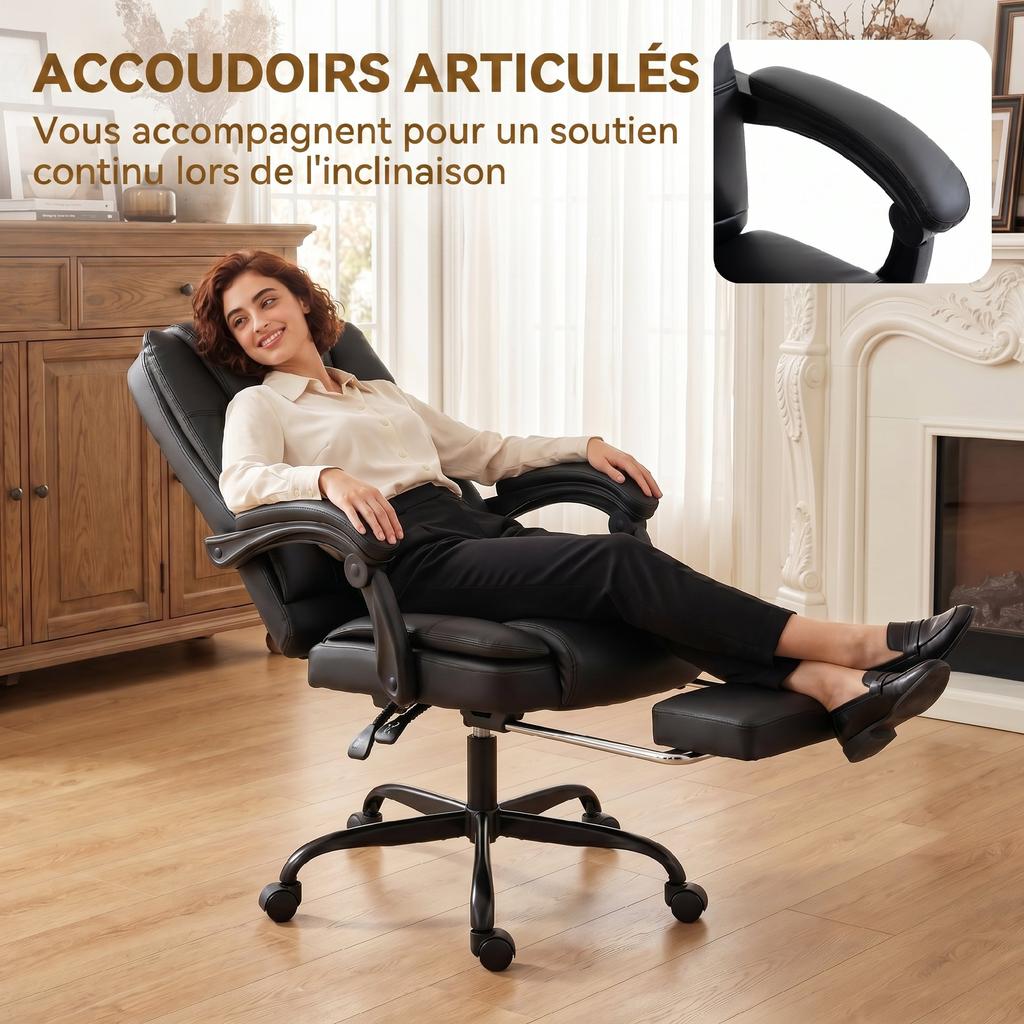 Office Chair, Ergonomic, Reclining PU Leather, Retractable Footrest, Height Adjustable, Black