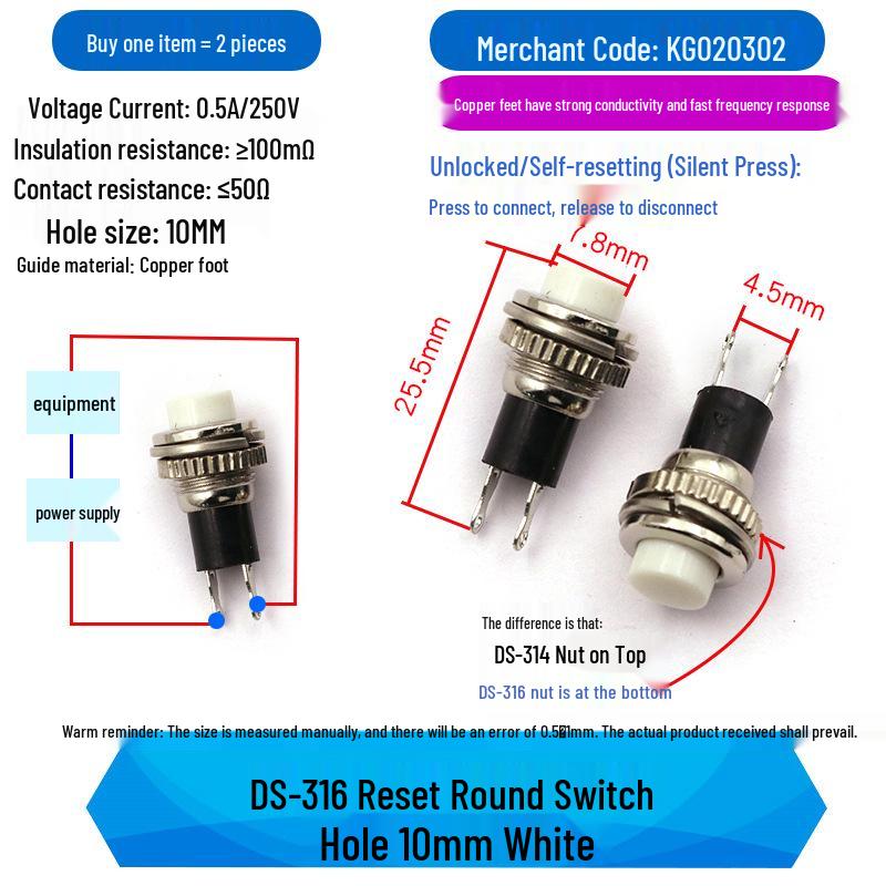 DS-316 10MM Red/Green Screw-in Non-locking Self-resetting Power Switch Button (2-Pack)
