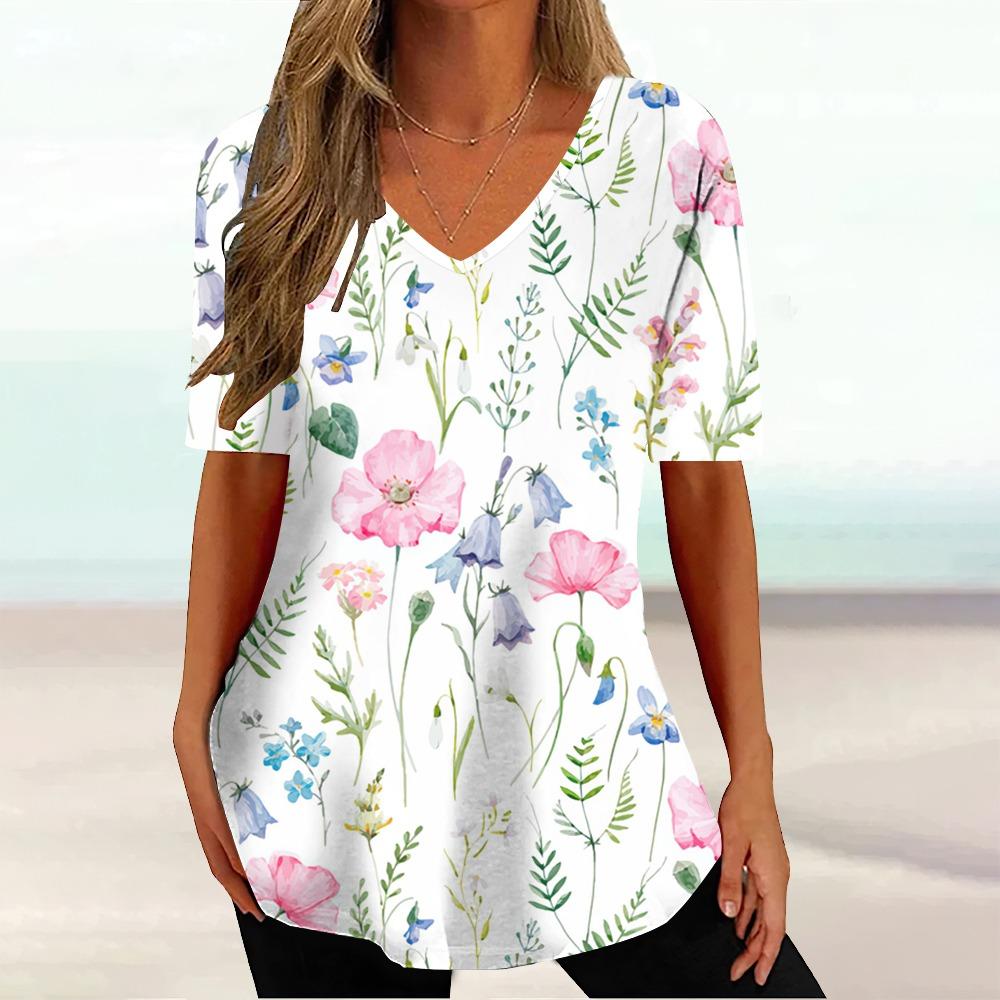 Floral Ladies V-Neck T-Shirt Summer Outdoor Fashion Short Sleeve Top 3D Printing OverSize Ladies Clothing Casual T-Shirt