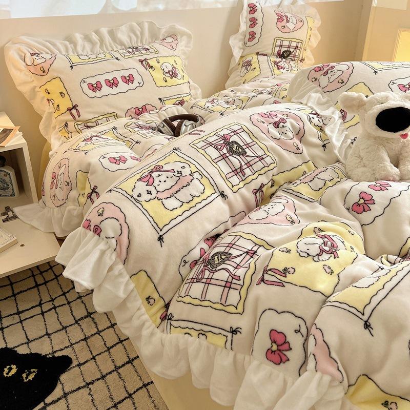 Thickened Milk Fleece Bed Four-Piece Set, Cute Lace Coral Fleece Quilt Cover, Fleece Bed Sheet Three-Piece Set