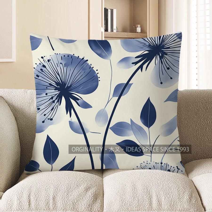 Home Decor Blue Dandelion Pattern Decorative Pillow Cover Pattern Cushion Cover Suitable For Sofa Bedroom Car Pillow Cover