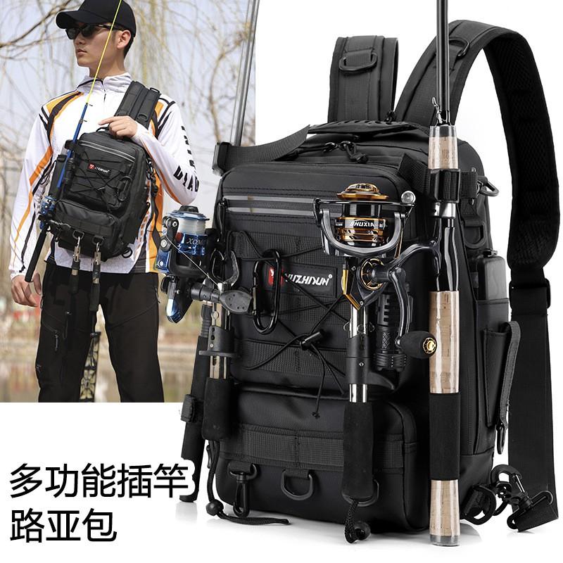 Zaino da Pesca Multiscomparto Borsa a Spalla Singola a Tracolla Porta Canne Nylon Impermeabile Attrezzatura