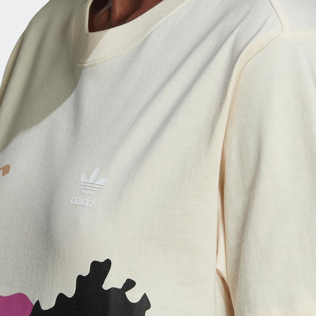 Adidas Originals Trefoil Reg T-Shirt Abstract Pattern Print Crew Neck Short Sleeve Women Tops Beige HK5200