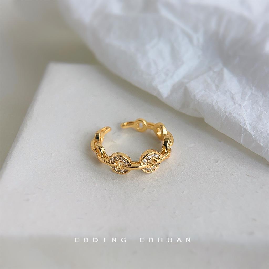 

[Lucky Treasure] Micro-inlaid zircon opening adjustable index finger ring, coin personalized jewelry plated 14K ring for