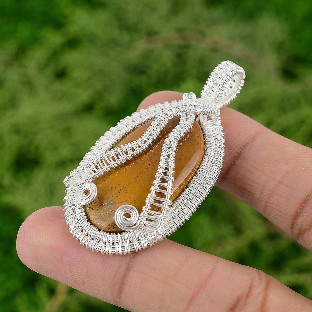 Honey Dendrite Opal Gemstone 925 Sterling Silver Bezel Wire Wrap Pendant Jewelry