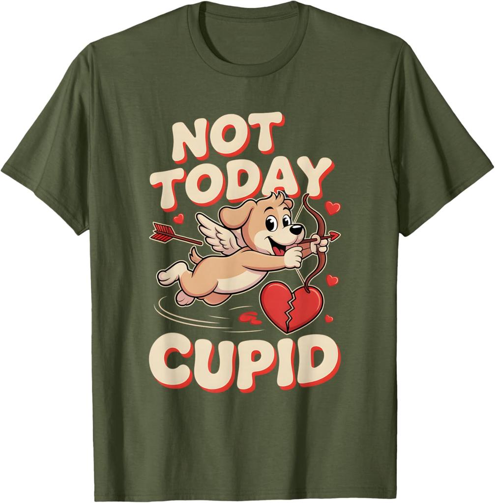 Not Today Cupid Funny Puppy Cartoon Graphic Tee Anti Valentine Casual Short Sleeve T-Shirt