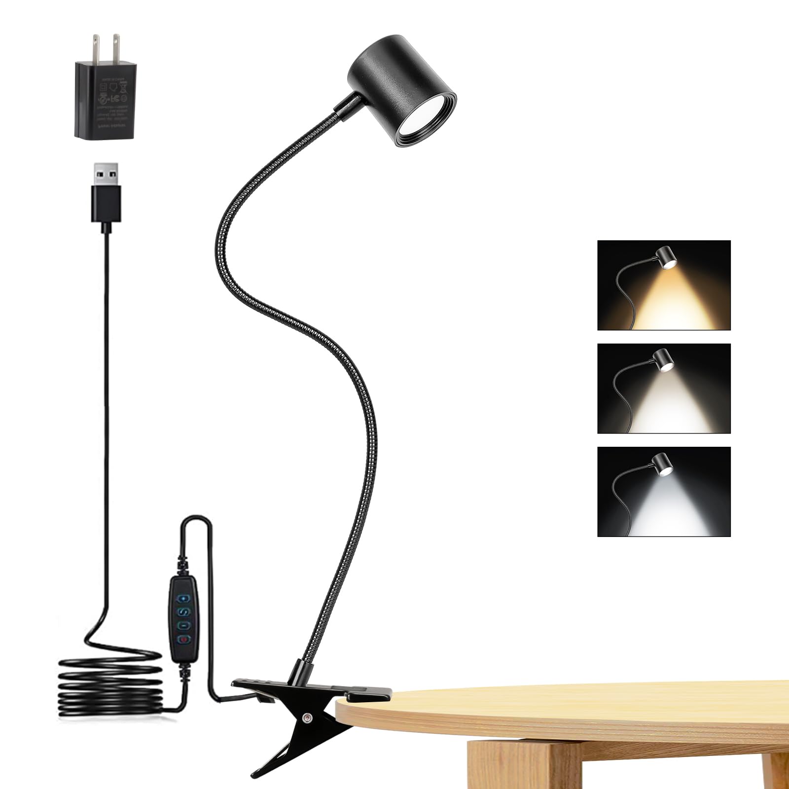 

Clip on Light Reading Light, 3 Color Modes Clamp Desk Lamp, CRI 90+ Eye Protection Clip on Desk Light with 3000-6500K USB Clamp Light, 10 Brightness D