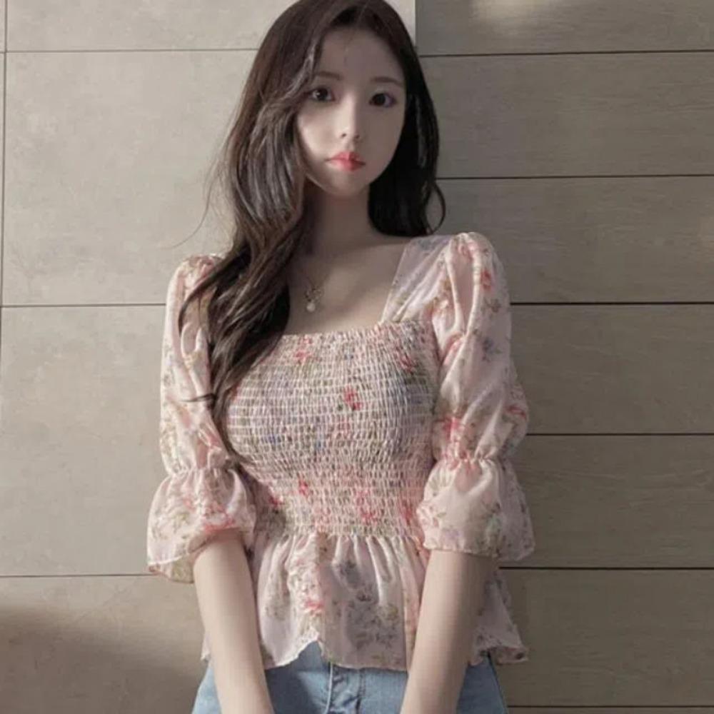 

Шифоновая блузка для женщин Новая Цветочная Расклешенные рукава Облегающая грудь и талию, чтобы они казались стройными Топ для женщин S розовый