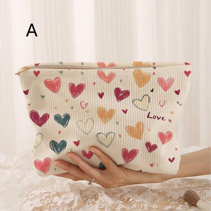 Women's Practical Corduroy Cosmetic Bag Hand Painted Letter Color Heart Print Zipper Pouch for Bridesmaid Gift
