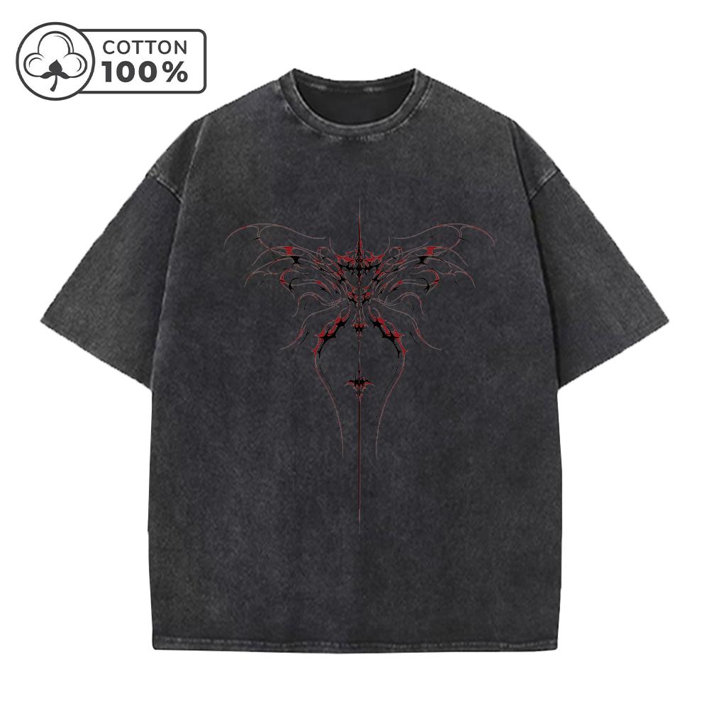 Mens Unique Line Butterfly Print Washed T Shirt Distressed Retro Casual Loose Pure Cotton Short Sleeved Summer Commuter Top